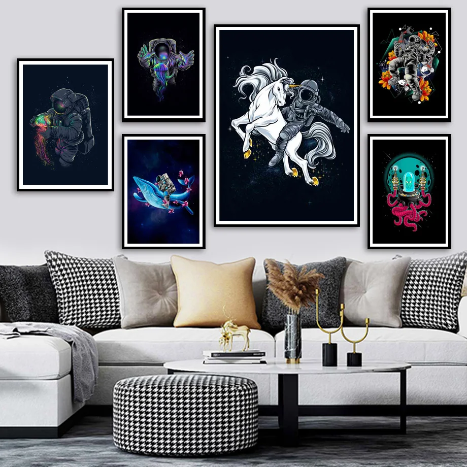 

Funny Space Astronaut Unicorn Whale Jellyfish Nordic Posters And Prints Wall Art Canvas Painting Wall Pictures Boy Room Decor