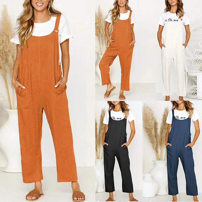 

Newly Women Casual Loose Cotton Jumpsuit Dungarees Solid Color Playsuit Trousers Overalls m99