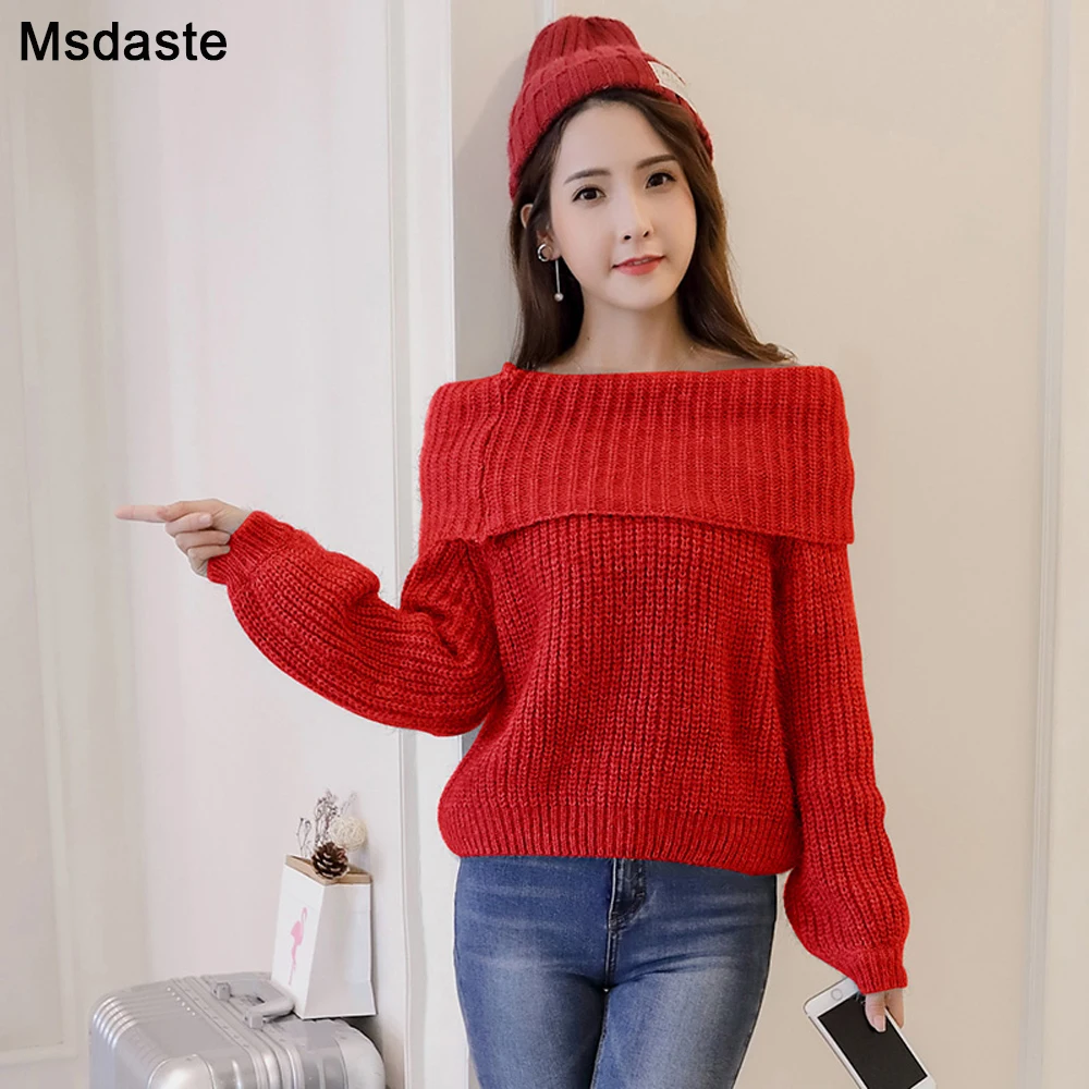 

Sexy Slash Neck Knitted Women Sweater Top Female Pullovers Womens Sweaters Korean Style Autumn Winter Loose Type Lady Pullover