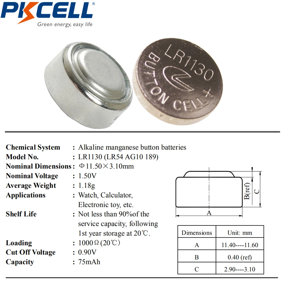 50 шт./5 карты батарейки PKCELL сотовый 1,5 V AG10 LR1130 Щелочная батарейка-кнопка AG10 389 LR54 SR54 SR1130W 189 LR1130 аккумуляторы таблеточного типа