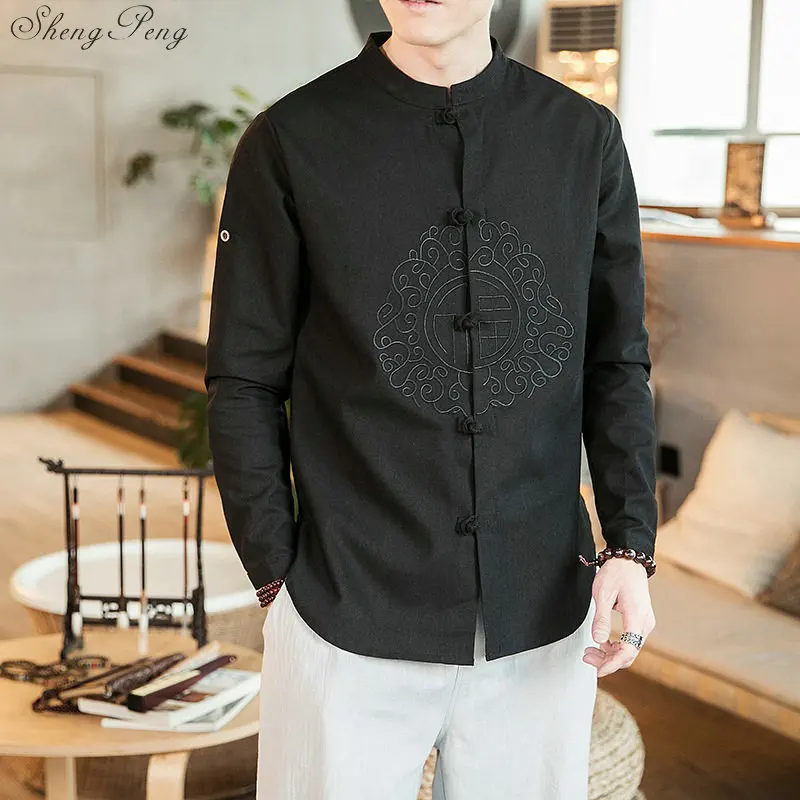 Мужская хлопковая льняная рубашка традиционный китайский топ белого цвета с