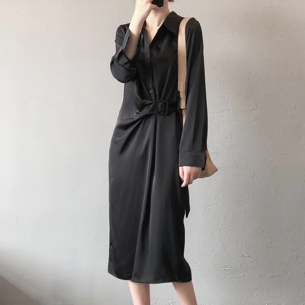 

Wholesale Korean Style Fashion Ladies dress Front knotted V neck Elegant Spring Long Sleeve Satin Dresses