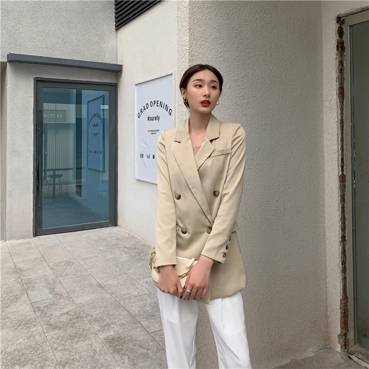 

YOCALOR New 2020 Summer Autumn Women's Blazers Casual Double Breasted Jacket Notched Office Lady Lace Up Wild Tops