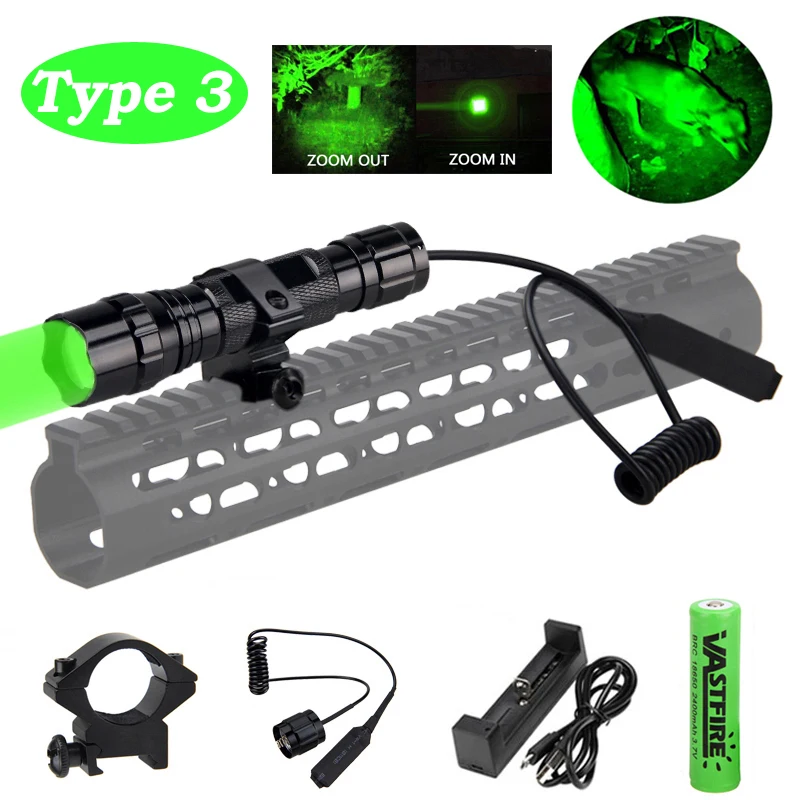 Package 3 (green) 300 ярдов Zoomable оружейный светильник зеленый/красный/IR 850nm флэш-светильник Хищник Варминт свинья охотничий страйкбол фонарь+ 18650+ USB зарядное устройство - Цвет: Package 3 (green)