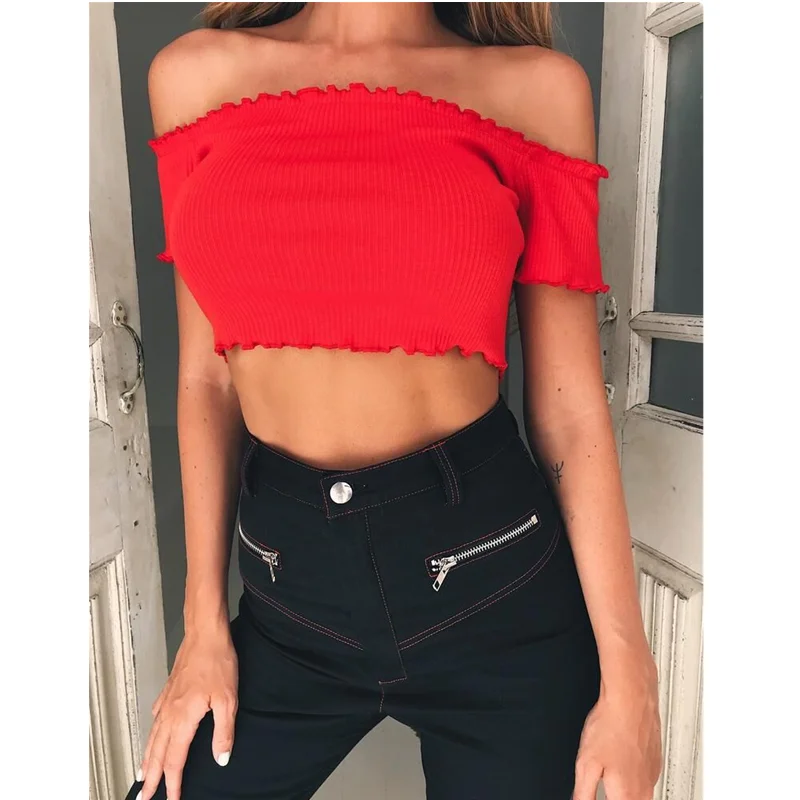 Новинка 2020 модная летняя женская Однотонная футболка с вырезом лодочкой