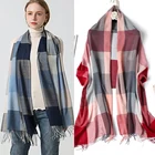 Шарф-Хиджаб Женский в клетку, Пашмина, дамские шали из фуляра, головная повязка с кисточками, кашемировые зимние шарфы, теплые женские шарфы, бандана, 2021