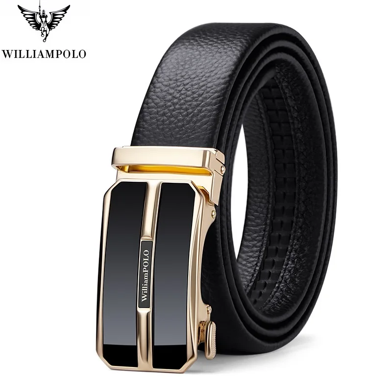 WILLIAMPOLO 2021 Men's leather Brand Belt Men Top Quality Genuine Luxury Leather Belts Strap Male Metal Mirror Automatic Buckle