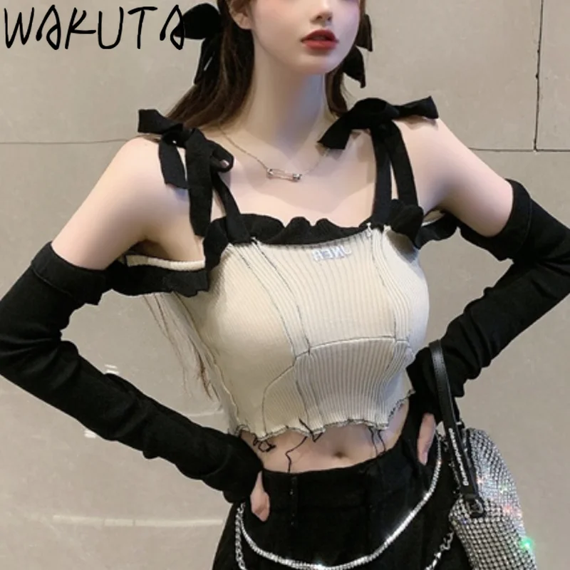 Женский укороченный топ с бантом WAKUTA рубашка длинным рукавом и открытыми плечами