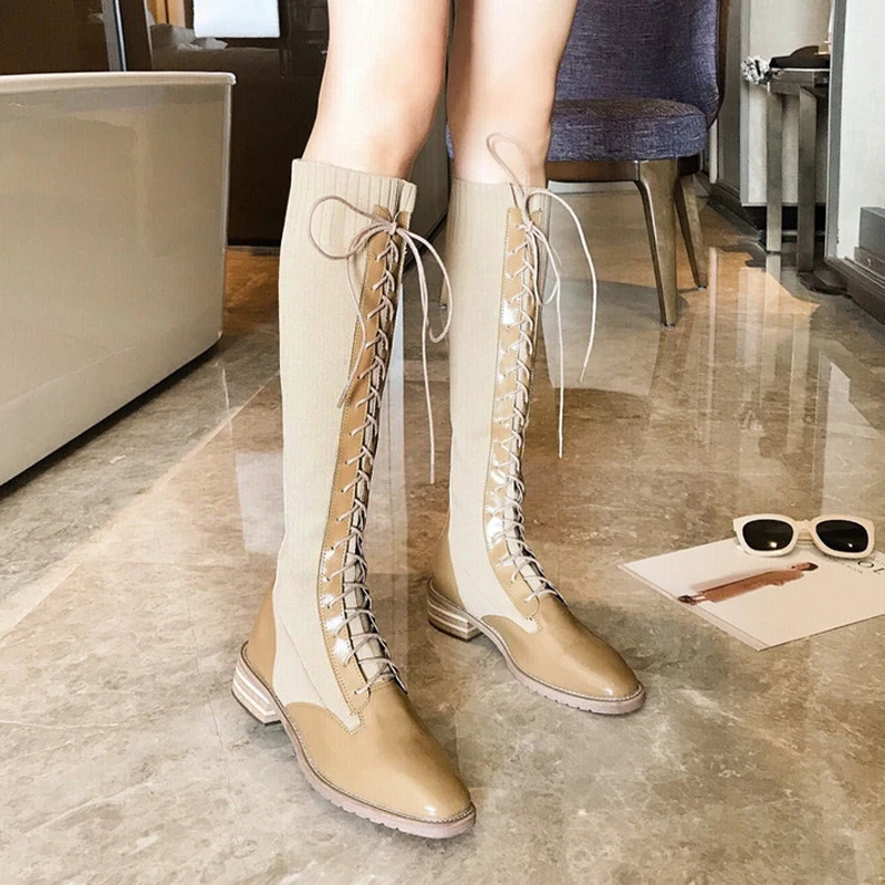 Online Mode Musim Dingin Wanita Renda Sepatu Bot Setinggi Lutut Seksi Strechy Patchwork Sepatu Square Toe Blok Tumit Rendah Pengendara Sepeda Motor Naik Knight Sepatu Bot