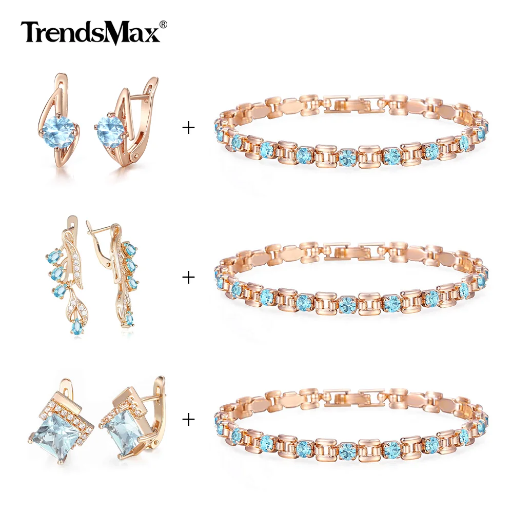 Женский комплект украшений с браслетом и сережками из голубого кубического