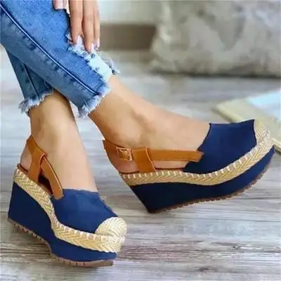 

slope Ladies' sandals straw heel sandals Roman middle heel Baotou buckle large size women's shoes