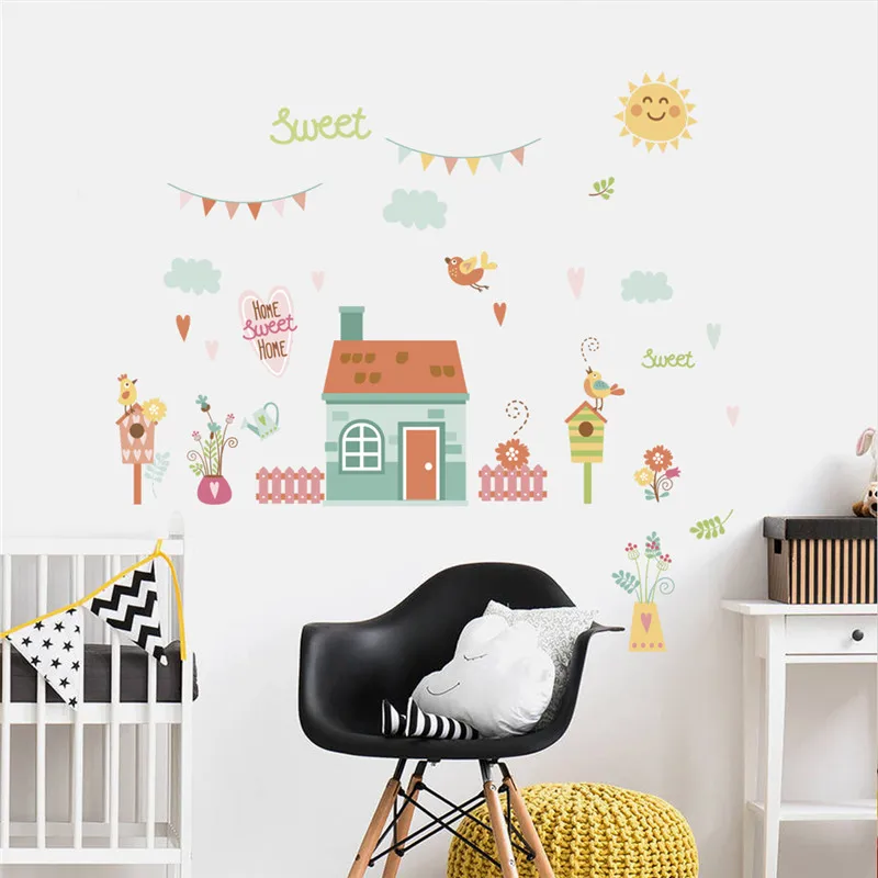 

Мультяшный дом с садовыми птицами и аниналами, настенные наклейки для детского сада, детской комнаты, спальни, домашний декор, настенная рос...