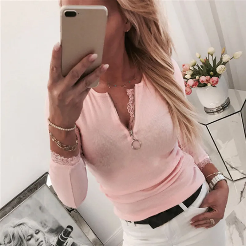 Модная женская Кружевная футболка Осенняя Повседневная тонкая футболка Femme элегантная женская облегающая футболка на молнии с v-образным вырезом и длинным рукавом Уличная