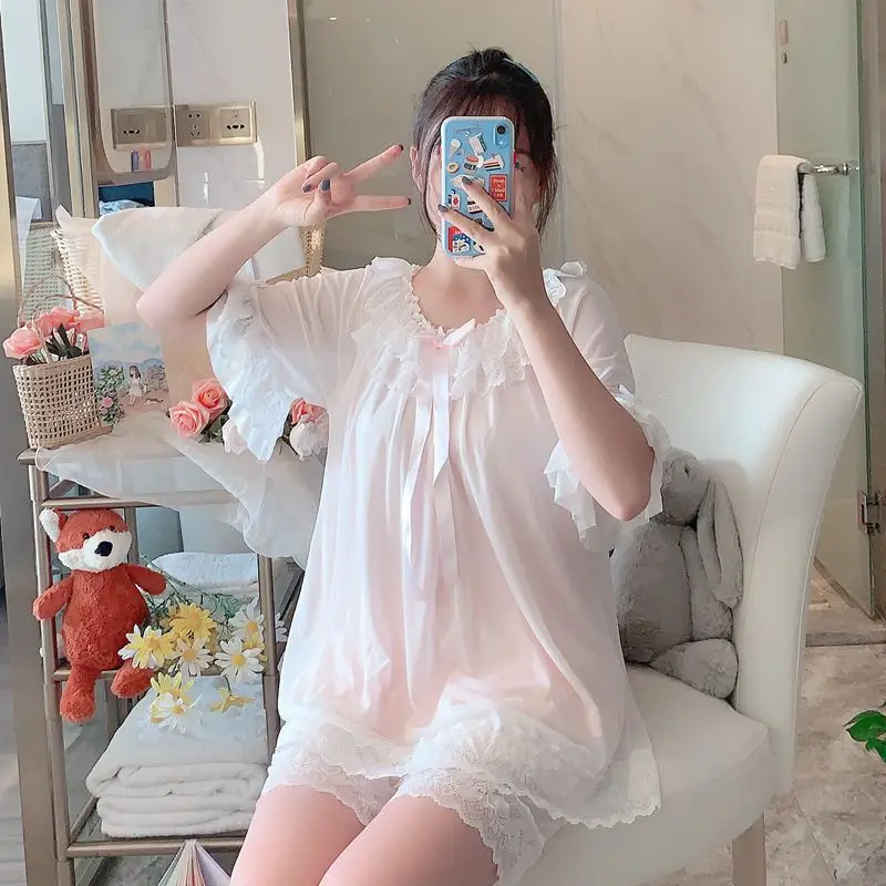 

Green Summer 2PCS Mesh Pajamas Women's Set Short Sleeve Sweet Lace Trim Home Clothes Casual Nightwear Cute Bow Sleepwear