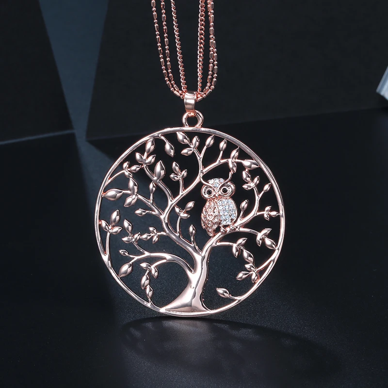 

JESSIC Gold Tree of life Owl Necklace Big Round Pendant Long Chains Sweater Necklace For Women Statement Jewelry Gifts