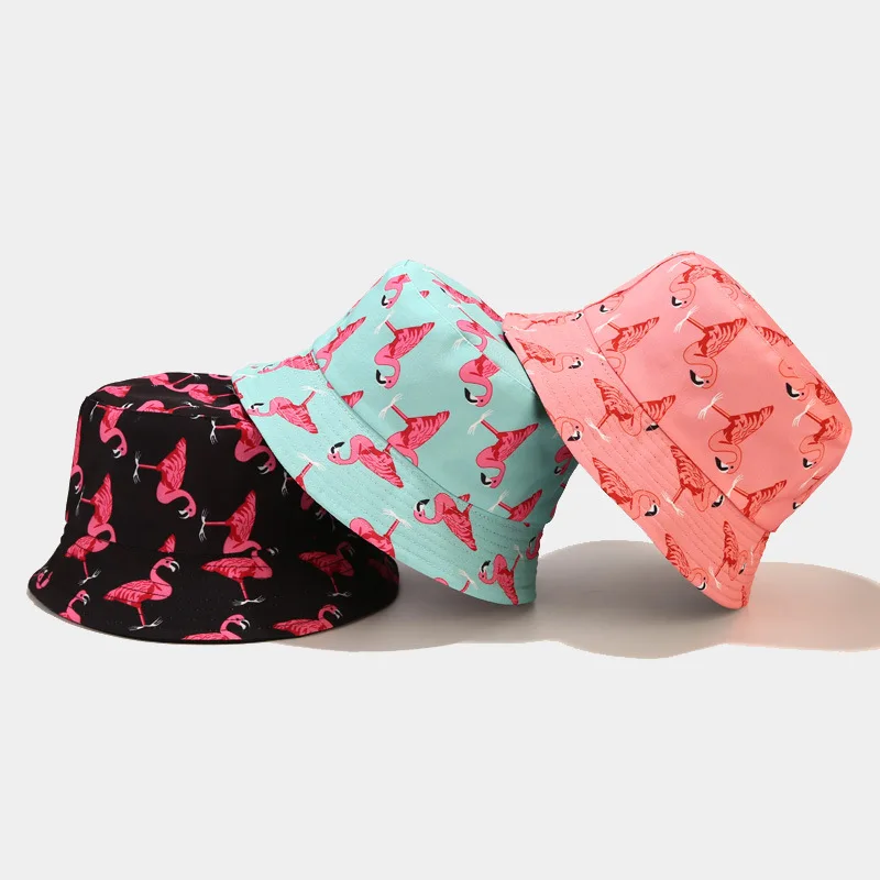 

New Fashion Bucket Hat Flamingo Print Women's Double-sided Panama Outdoor Fisherman Hat Hip-hop Trend Sun Beach Protection Cap
