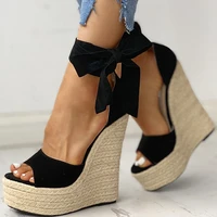 brand 2020 sexy platform wedges high heels shoes sandals women straw summer party ankle wrap shoes woman sandals