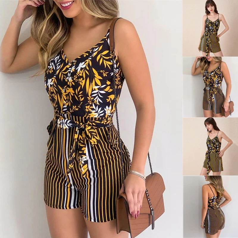 

Women Summer Print Jumpsuit With Belt Sleeveless Beach Rompers Bodycon Slim Strap Bodysuit Wide Leg Overalls Playsuit Clothing