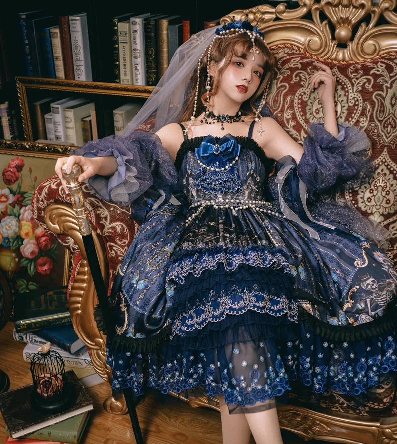 Full Set Череп Стиль; футболка с бабочками и~ Великолепная платье лолиты, в готическом стиле, без рукавов, Королевский праздничное платье принцессы от YLF - Цвет: Full Set
