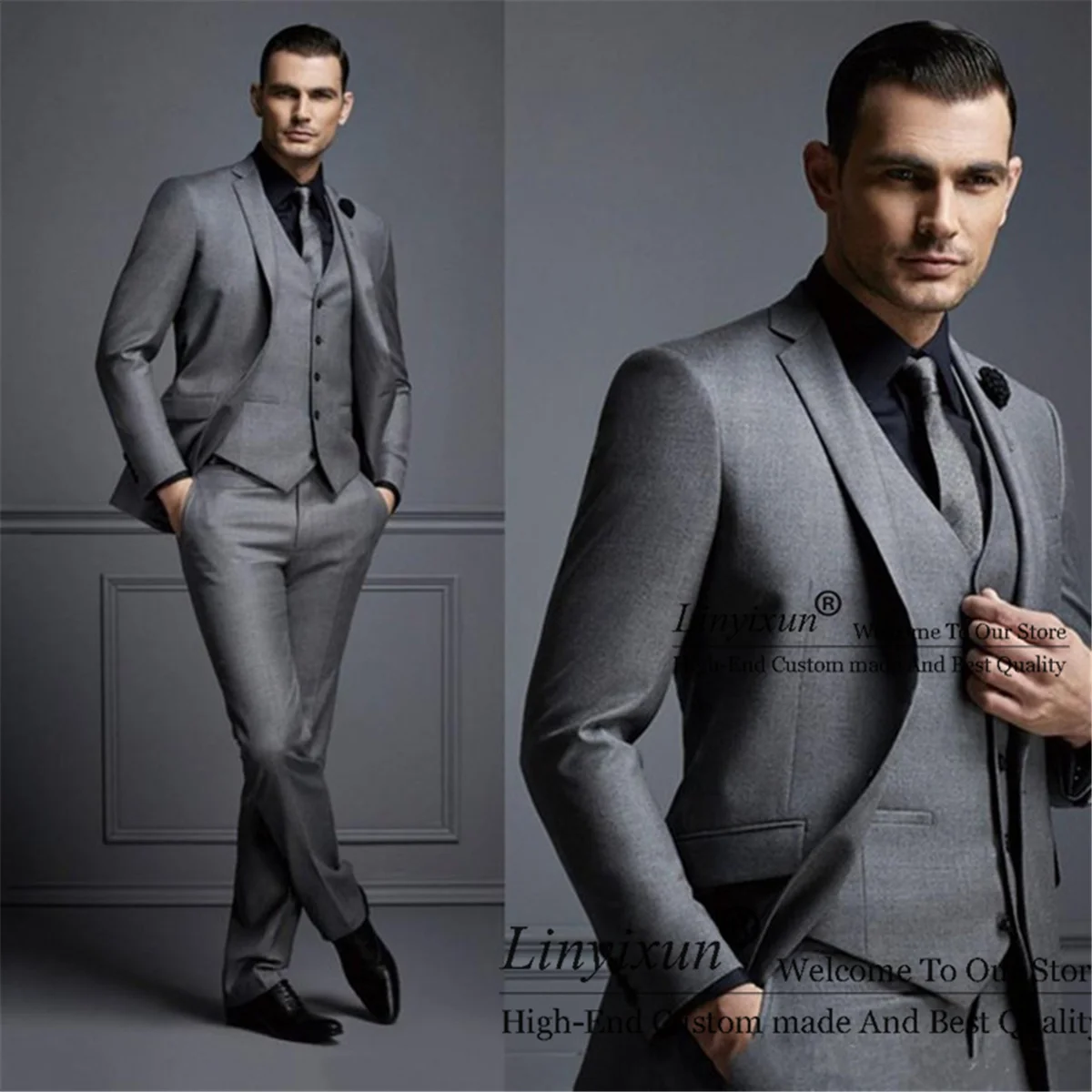 

Handsome Grey Men Suits Slim Fit Wedding Groom Tuxedo Casual Groomsmen Blazer 3 Piece Jacket Pants Vest Set Business Ropa Hombre