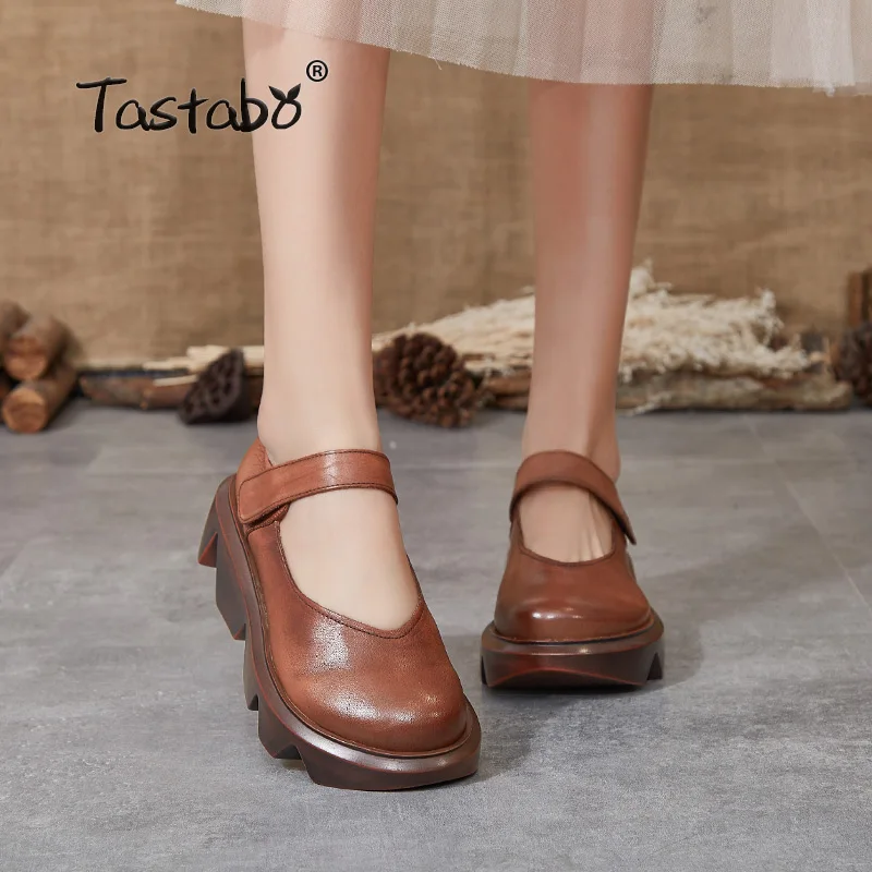 

Tastabo Genuine Leather Handmade Women Shoes Brown Red Pumps S2607 Simple Thick bottom shoes Leisure Style springtime new style