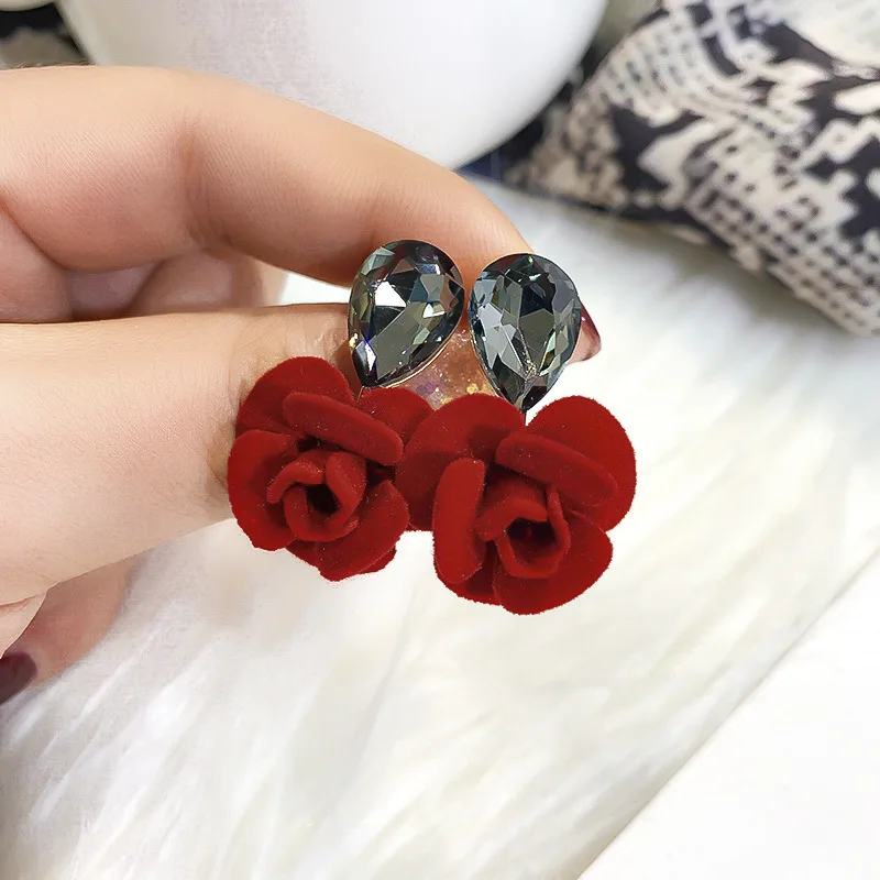 

925 Silver Needle Rose Crystal Pendant Personality Temperament Simple Creative Fashion Net Red Earrings Female