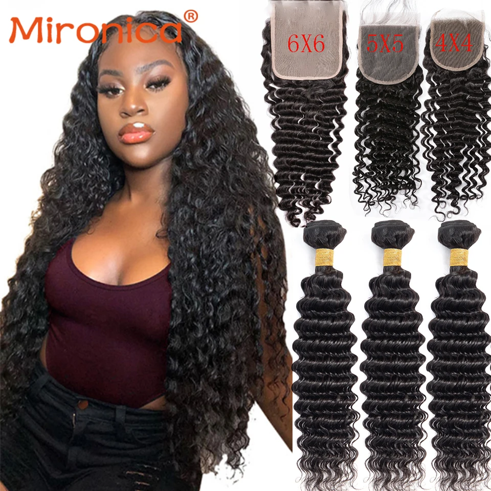

Deep Wave Brazilian Hair Weave Bundles With Frontal 40 Inch Mironica Hair Remy Human Hair Bundles With Lace Frontal Closure