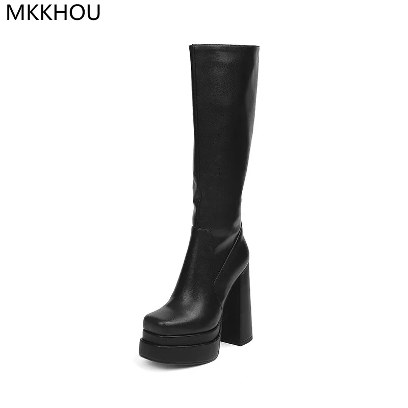 

MKKHOU Fashion Knee-Length Women Boots High-Quality Square Toe Double-Layer Platform Boots Super High Heel Modern Leather Boots
