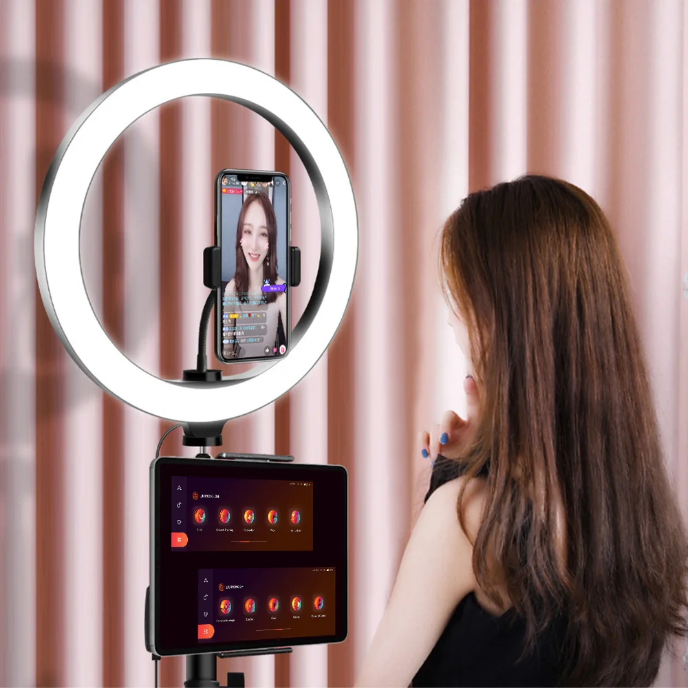 Кольцевой светильник для селфи светодиодный с регулируемой яркостью и холодным