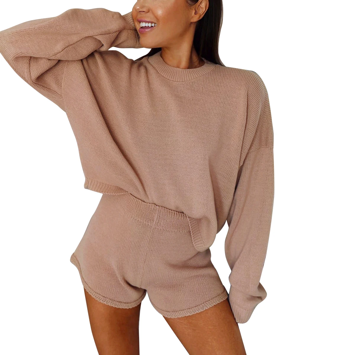 

Женский трикотажный костюм, однотонный Свободный Топ с длинным рукавом и круглым вырезом и короткие брюки черного/белого/цвета хаки, 2020