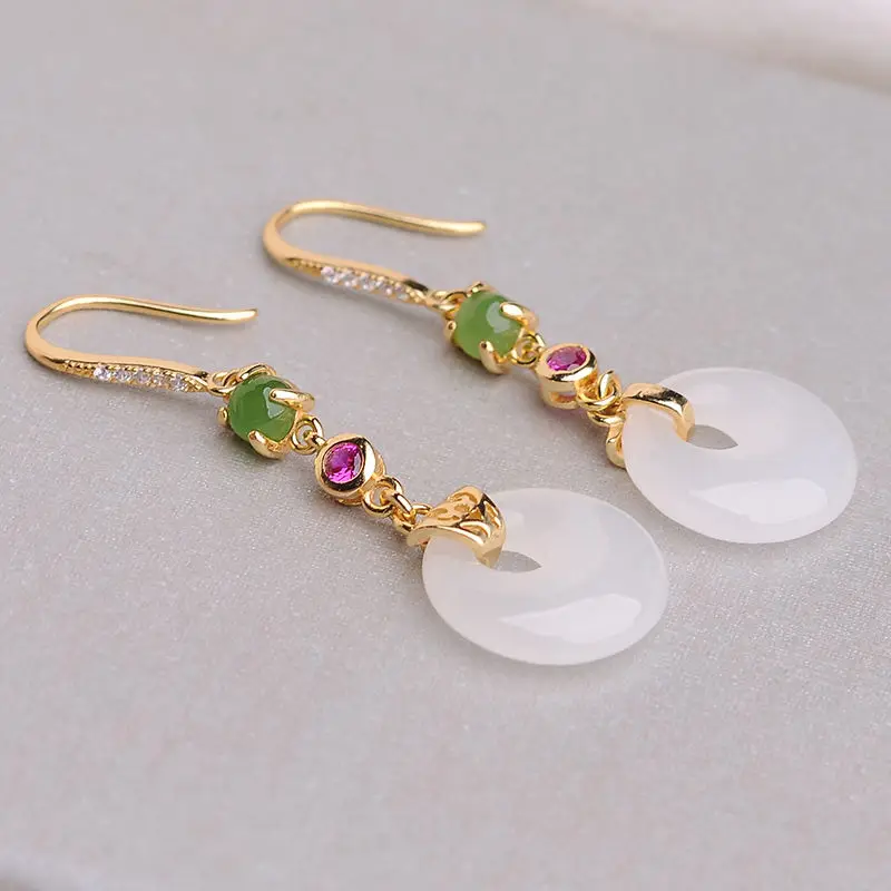 

Natural Hetian Jade Classical Retro Long Elegant White Jade round Ring Earrings Court Earrings Elegant High-End Earrings for Wom