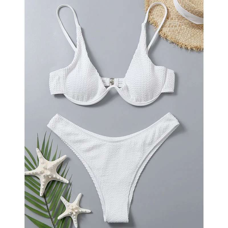 

2021 Sexy solid ribbed swimsuit women Underwired push up bikini set High cut swimwear female Sport swimming suit Bathing suit