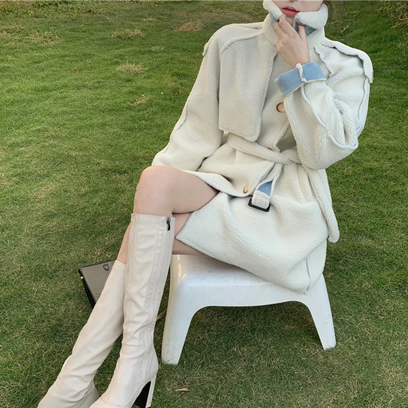 

Lucyever Thick Faux Lamb Fur Coats Women Turn Down Collar Sashes Long Clothes Woman White Korean Double Breasted Casual Coat