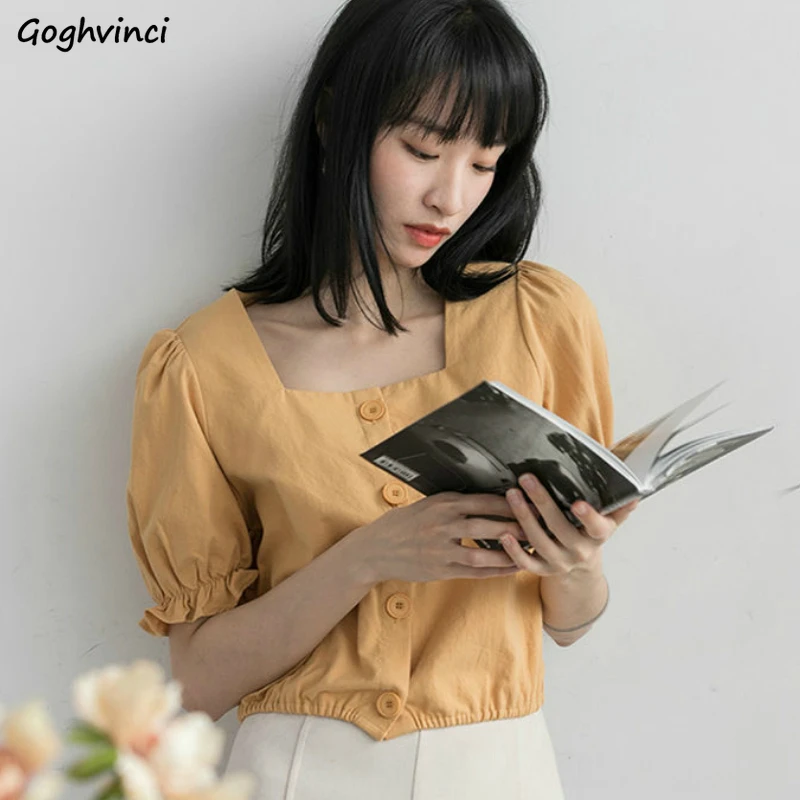 

Shirts Women New Arrival Fungus Design Retro Short Puff Sleeve Womens Cropped Tunic Top Harajuku Cute Leisure Simple Fashion Ins