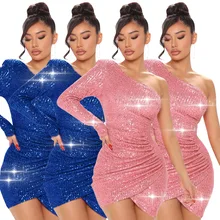 Sexy Women Dress Sequin One Shoulder Mini Dress Backless Party Night Bodycon High Streetwear Clothes For Women Vestidos (1)
