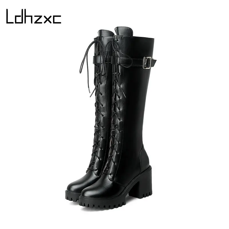 

LDHZXC Hot Sale Autumn Lacing Knee High Boots Women Fashion White Square Heel Woman Shoes Winter PU Leather Large Size 43