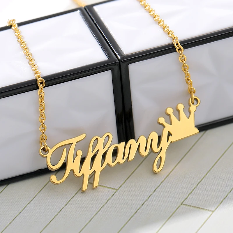 Fashion Name Crown Necklace Stainless Steel vintage Cursive Font Nameplate Pendant Jewelry Birthday Gifts | Украшения и