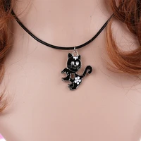 enamel white red black cat necklace pendant vintage statement black leather collar choker diy jewelry women clothing bijoux