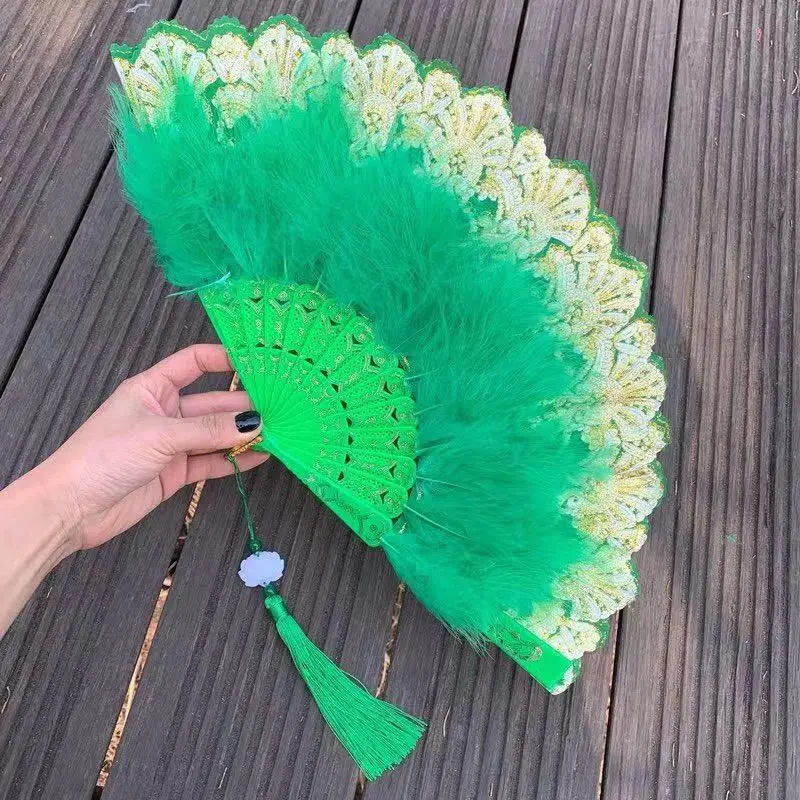 

Lolita Feather Folding Fan Japanese Sweet Fairy Girl Dark Gothic Court Dance Hand Fan with Pendant Gift Wedding Party Decoration