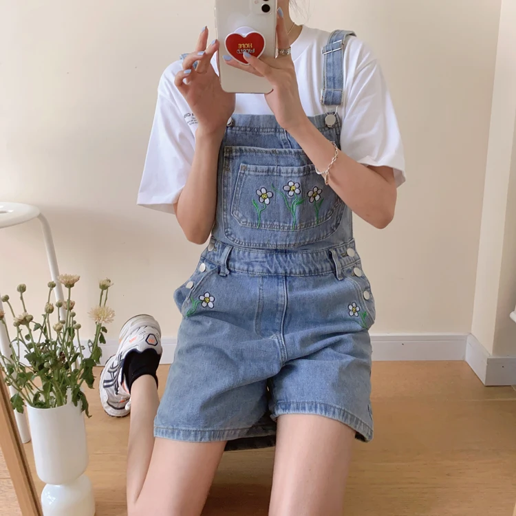 Женский джинсовый комбинезон Летний в стиле Харадзюку с цветочной вышивкой
