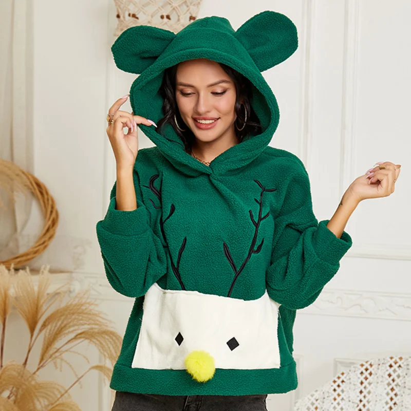 

HOUZHOU Women Autumn Winter Hoodies Kawaii Snow Deer Print Ears Hooded Green Christmas Elk Sweatshirt Loose Thick Clothes
