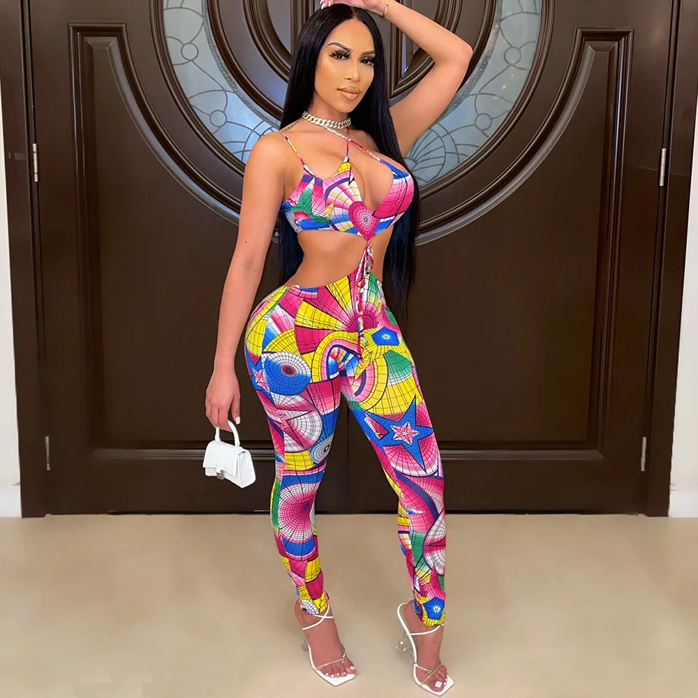 

Two Pieces Pants Sets Women Spaghetti Strap Printed Top & Bodycon Pants