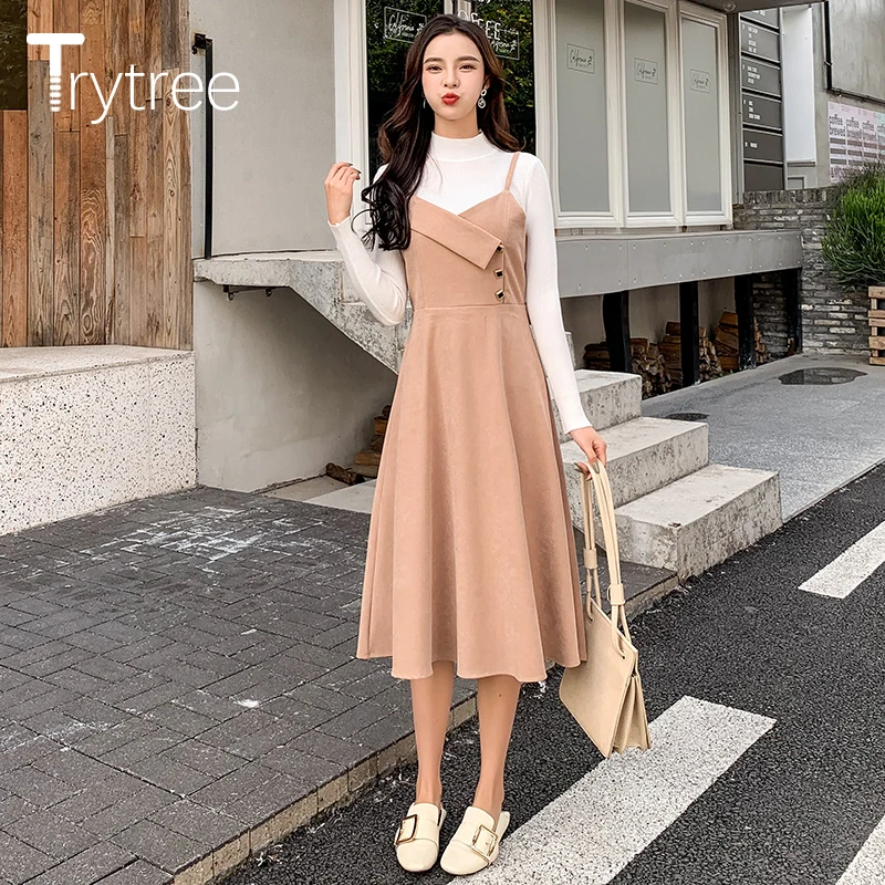 Trytree 2019 осенне зимний комплект из двух предметов водолазка однотонный облегающий