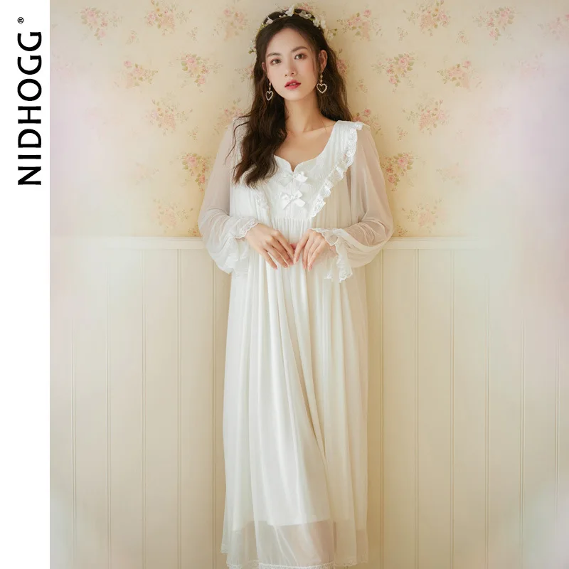 

Осенняя ночная рубашка из модала с длинными рукавами женское белое Длинное ночное платье с вышивкой кружевная одежда для сна принцессы пик...