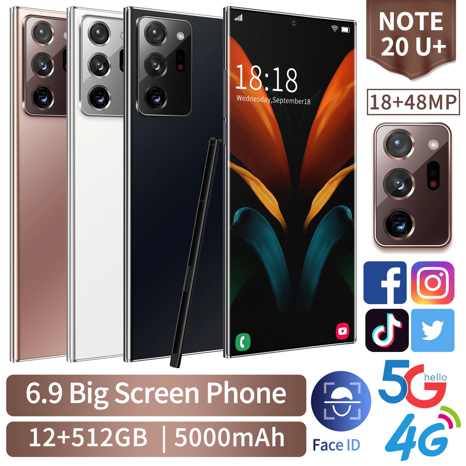 

New Note20U 12G + 512G support face recognition phone 10 core ultra high pixel battery 5000mah Android camera smart game phone