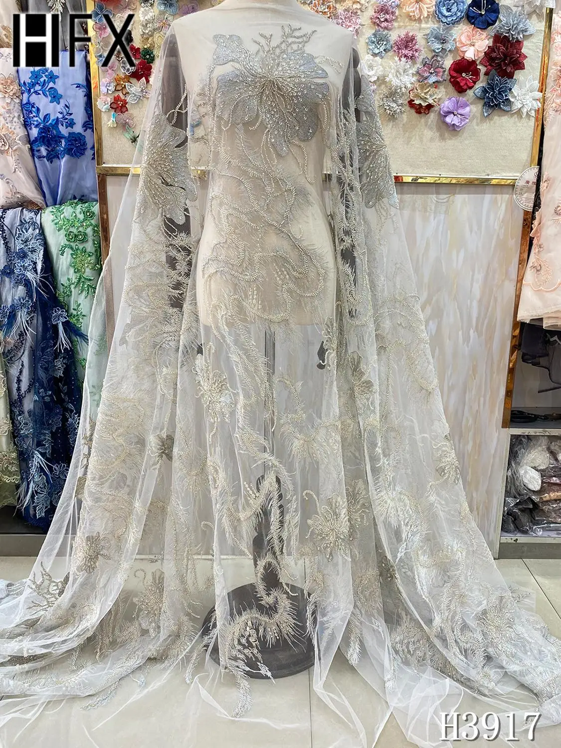 Ручной работы бисера Кружева Ткань Высокое качество Вышивка Тюль Королевский