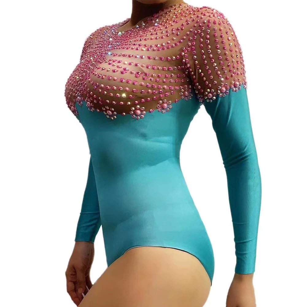 Блестящие розовые стразы Зеленые Боди с длинным рукавом для вечерние