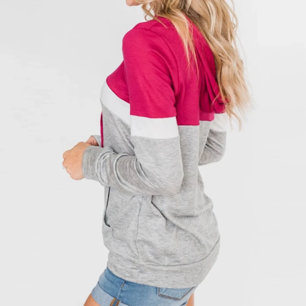 

Hooded Striped Splicing Hoodies Women Slim O-neck Pocket Sweatshirts Autumn Winter Long Sleeve Casual Sport Pullovers Female Top