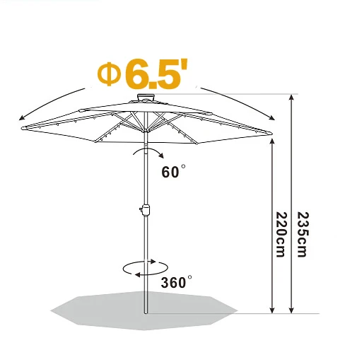 AULAYSED Outdoor Patio Beach Market Aluminium Umbrella Solar Powered 30 LED Light Crank Tilt (with Out Base) |