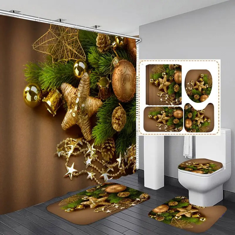 

4 Pieces 180 * 180cm Christmas 3D Digital Printing Shower Curtain For Home Hotel Party Decoration
